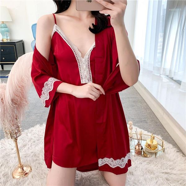 

summer lace wedding robe set women satin 2pcs sleepwear silky nighty&robe set female sleep casual kimono gown home wear1, Black;red