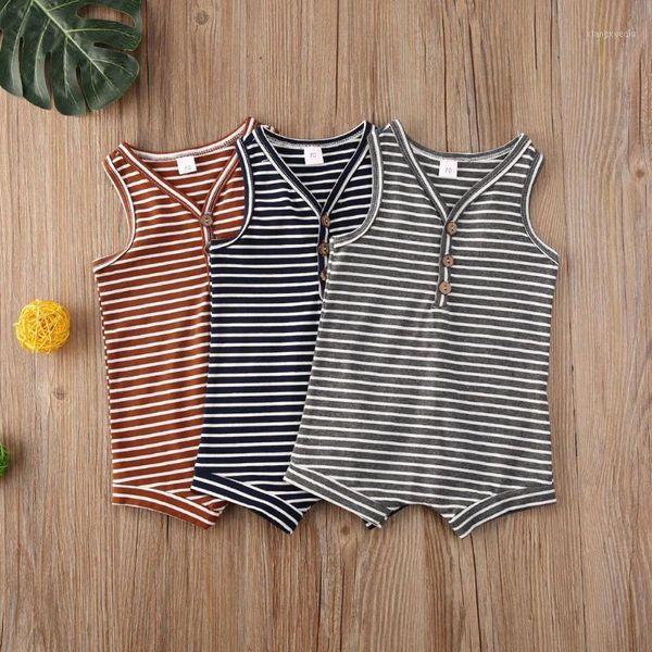 

2020 newborn baby girl bodysuits sleeveless striped print button bodysuits summer infant boys one piece jumpsuit m61, Blue