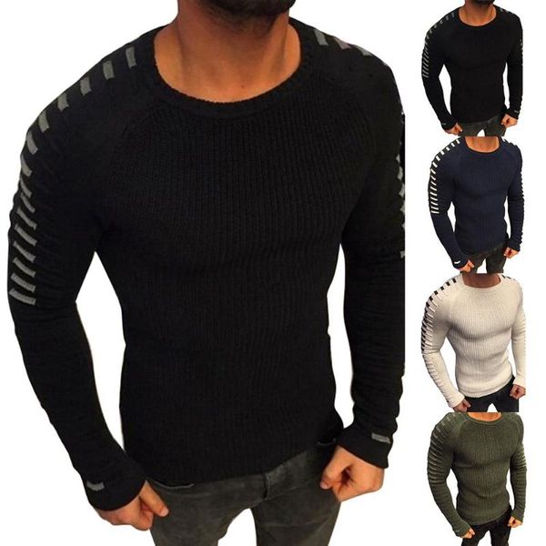 

fashion men pleated sweater round neck long sleeve knitwear slim fits pullover, White;black