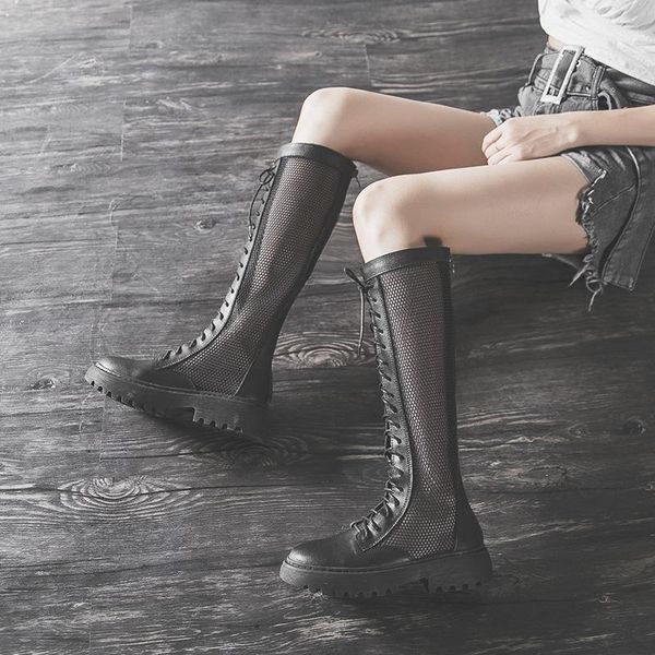 

boots women's summer mesh boots 2020 new summer joker hollow spring and autumn flat breathable mesh roman fashion1, Black