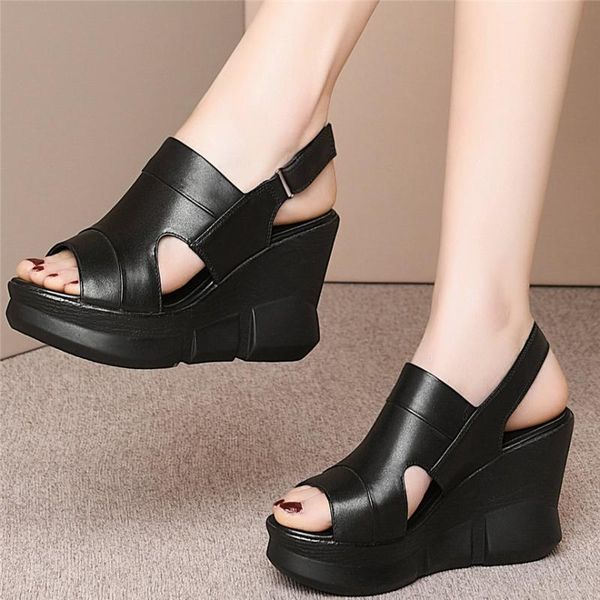 

fashion sneakers women back strap genuine leather platform wedges high heel gladiator sandals female open toe summer pumps shoes, Black