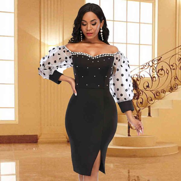 

Casual Dresses Women Sexy Black Dress Off Shoulder with Polka Dot Mesh Sleeves Patchwork Beading Party Bodycon Slim Fashion for Event Occation C8JV, Black;gray