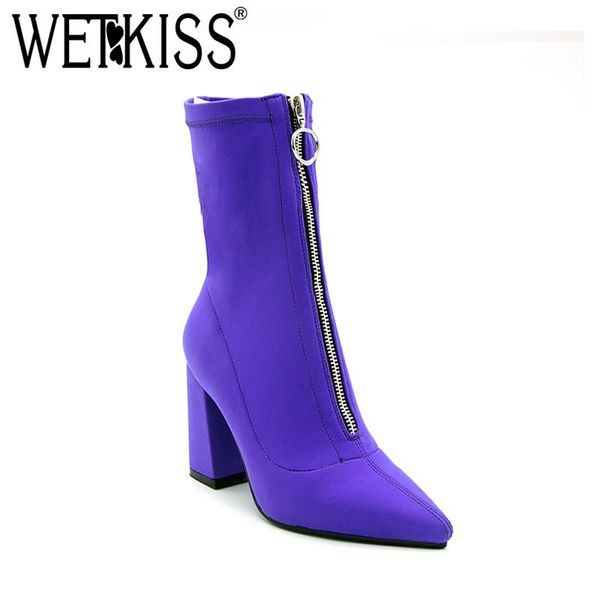 

wetkiss 2020 new stretch fabric socks boots women mid calf footwear fashion autumn zipper boots thick high heels female shoes, Black