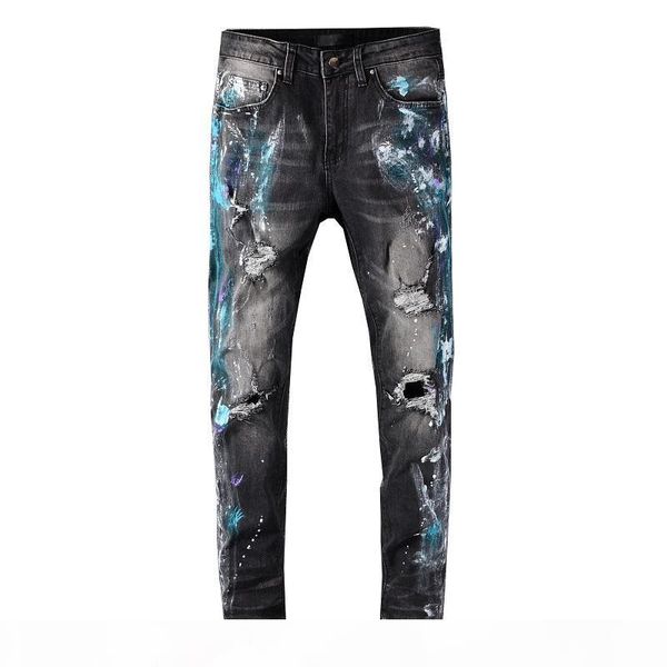 

men skinny denim designers jeans motorcycle biker ripped distressed holes waist classic washed hip hop pants asian size 28-40, Blue