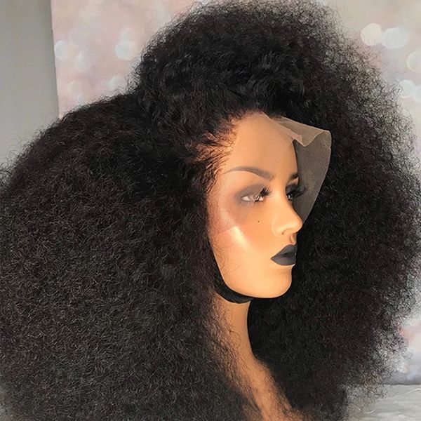 

afro kinky curly wig 13x4 synthetic hair lace frontal wigs peruvian short lace front simulation human hair wig for women, Black