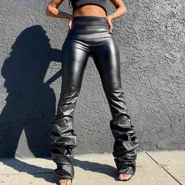

seasons pu women faux leather stacked pants high waist solid streetwear autumn winter clothes trousers fashion aspa82124, Black;white