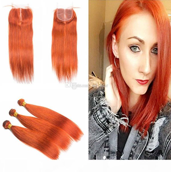 

silky straight orange human hair extensions 3pcs with lace closure popular orange color 350 hair weaves with lace closure 4x4, Black