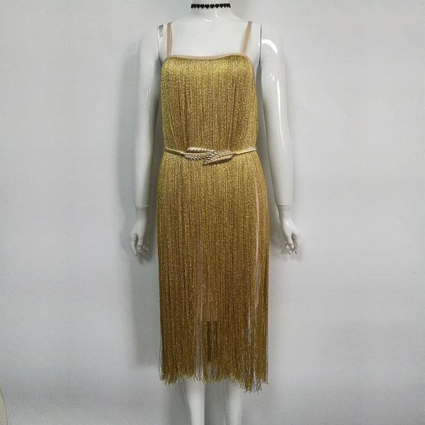 

gold long tassel dress women celebrate tube strap stretch dress stage wear birthday evening party rave, Black;red
