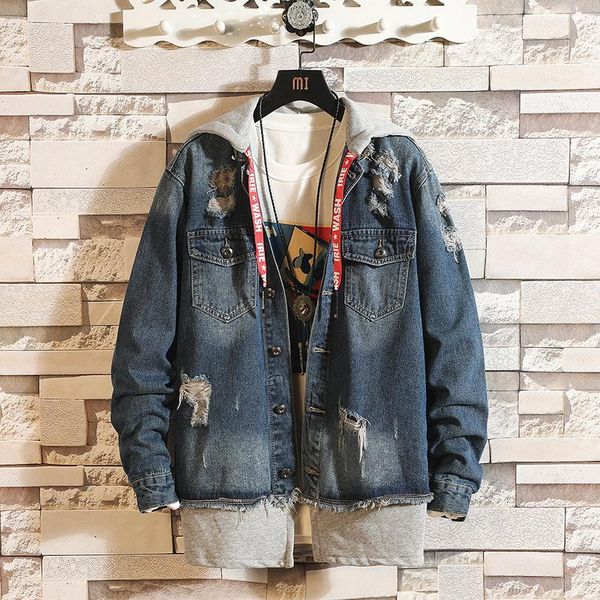 

denim jeans jacket men hooded 2021 new fashion mens jeans jacket spring autumn vintage frayed jackets male, Black;brown
