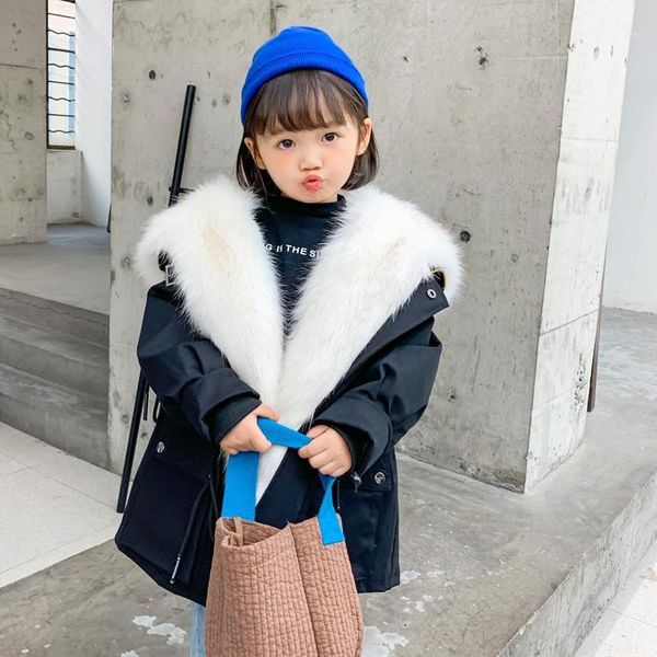 

2020 fxfurs fashion children's faux fur furry coat boys' girls' mid-length parka overcoat removable thickened hooded1, Black