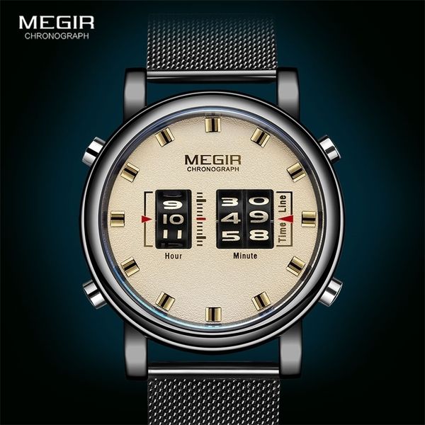 

megir luxury watches men military sport roller pointer quartz watch man fashion stainless steel mesh strap wristwatch 220225, Slivery;brown