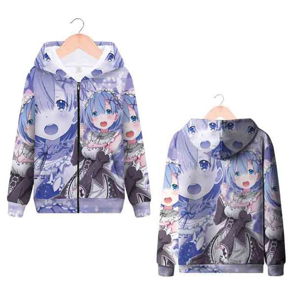 

2021 new anime re: zero kara hajimeru isekai seikatsu 3d hoodies rem cosplay long sleeve hoodie sweatshirt hooded coat 8nsb, Black