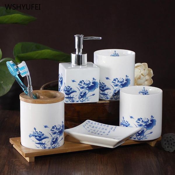 

direct selling new classic blue and white ceramic bathroom wash set toothbrush holder mouth cup lotion bottle soap dish