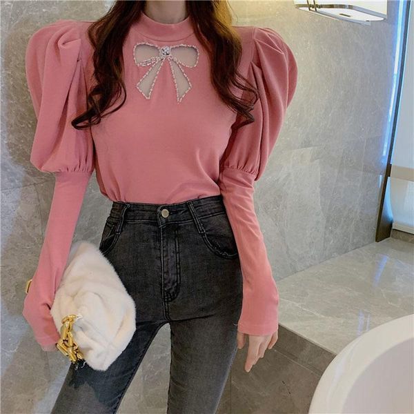 

korean 2021 new sleeve corset tee shirts women pearl bow hollow-out t-shirt long sleeve blusas elegantes de mujer, White