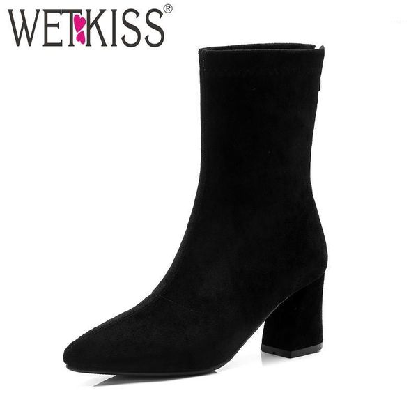 

boots wetkiss stretch ankle women flock sock boot pointed toe shoes winter warm female 2021 rubber footwear black1, Black