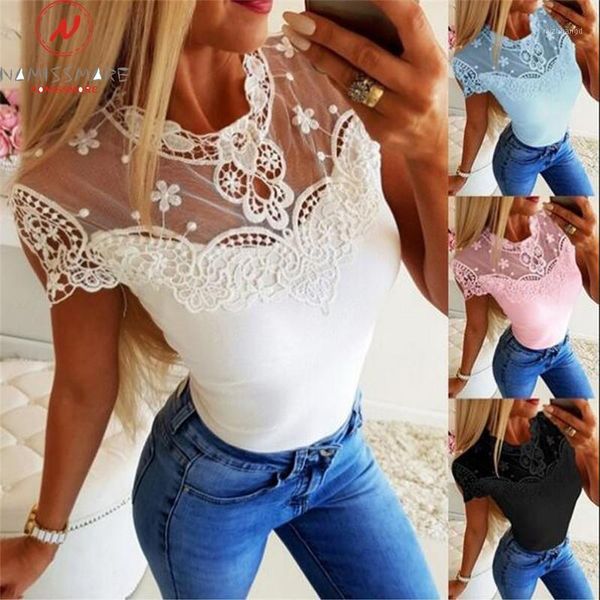 

fashion women summer solid color t-shirts mesh patchwork design lace decor see through o-neck short sleeve slim pullovers, White