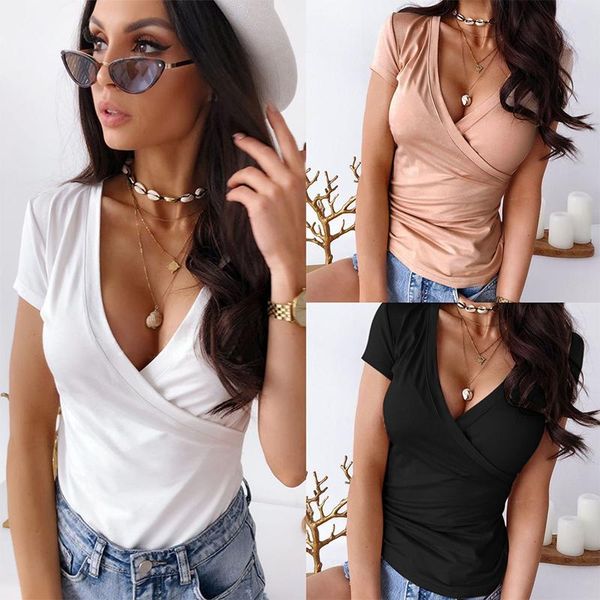 

summer clothing short sleeve deep v neck pink white women shirt bodycon kg-448