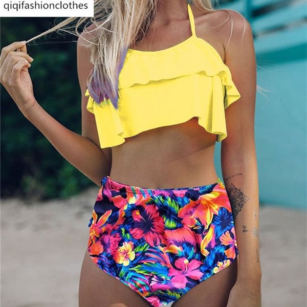 

single with ruffle high waist print to cover the belly and show thin, color matching split bikini swimsuit for women, White;black