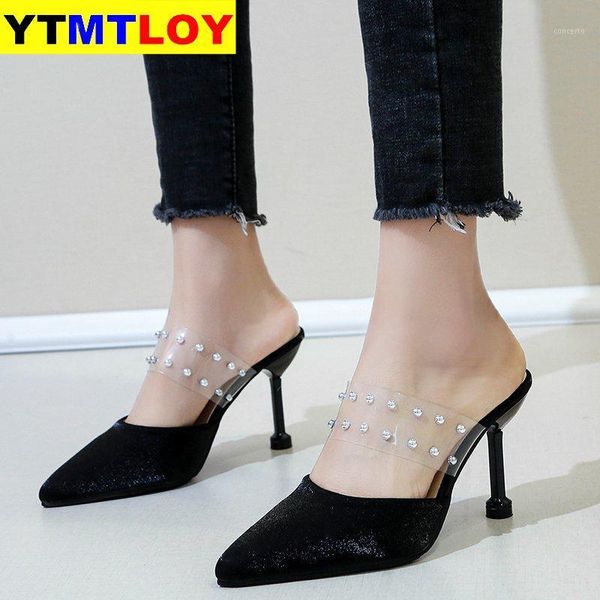 

2020 concise fashion pvc woman transparent sandals thin high heels shoes pointed toe pumps slip on solid gladiator bling1, Black