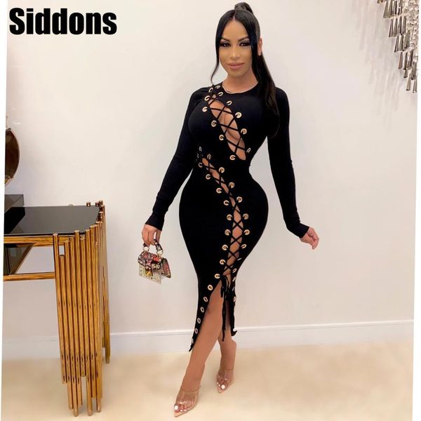 

women long sleeve knitted lace up hollow out dresses club gigi laced midi dresses club party maxi dress, Black;gray