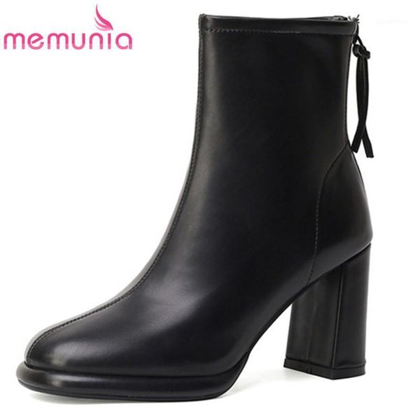 

boots memunia 2021 arrive genuine leather ankle women's round toe autumn winter high heel ladies dress office shoes1, Black