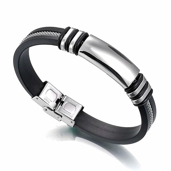 

tennis men wrist band bracelet with black grooved rudder silicone mesh link insert punk wristband stainless steel casual bangle, Golden;silver