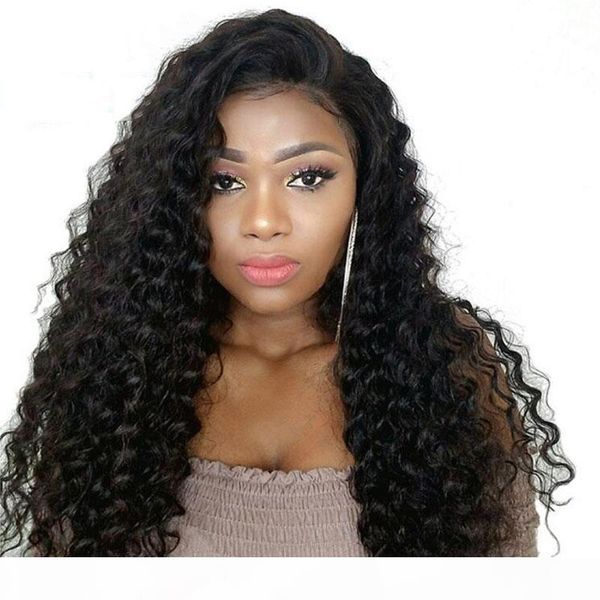 

kinky curly full lace wigs with hairline deep wave glueless brazilian virgin human hair lace front wigs with bleached knots, Black;brown