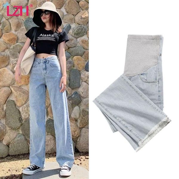 

lzh maternity clothes 2020 autumn thin wide leg pants loose belly lift jeans outer wear maternity pants fashionable casual jeans, White