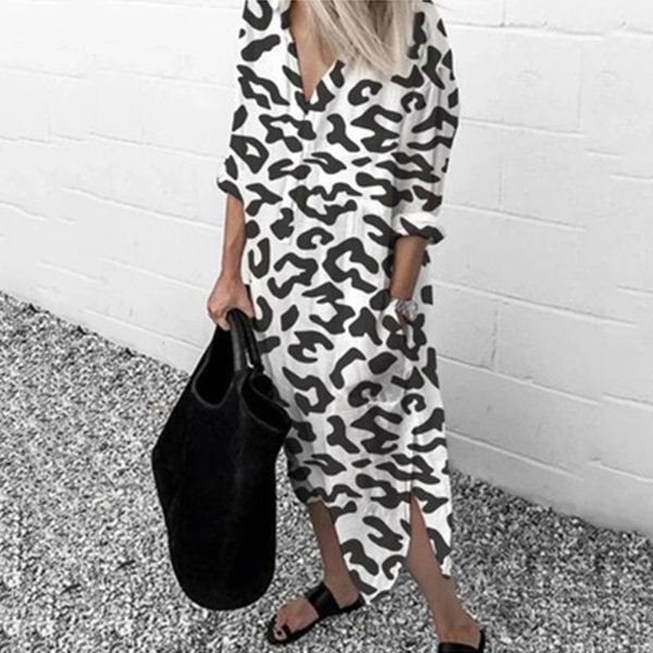 

women leopard long dress autumn thin long sleeve v-neck chiffon beach dresses split casual loose pocket plus size shirt dress1, Black;gray