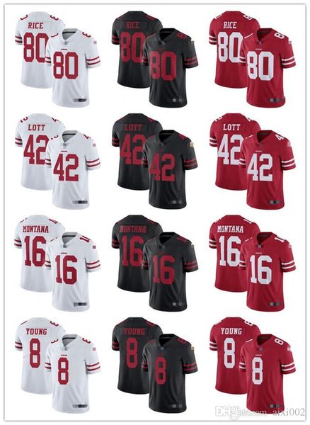

mens womens youth san francisco 49ers 8 steve young red 16 joe montana black 42 ronnie lott white 80 jerry rice football jerseys, Black;red