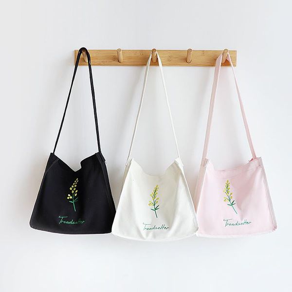 

yile cotton canvas eco shoulder bag shopping tote embroidery flower 4 colors a-156