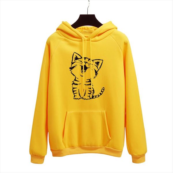 

happy cat harajuku print hoodies women autumn winter office lady pullover yellow thick loose moletom feminino clothes size 40 50, Black