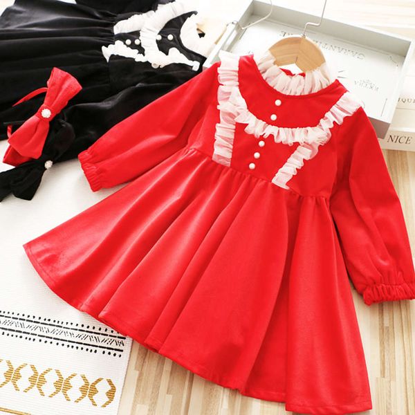 

childhood 2020 girl's sweet princs veet plush long sve drs with headband, Red;yellow