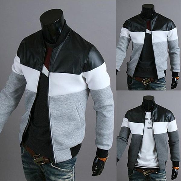 

men's coats and jackets winter boys men warm slim winter zip coat outwear jacket men's patchwork jackets, Black;brown
