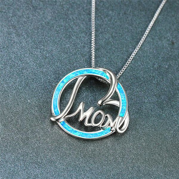 

cute female white blue opal pendant necklace boho silver color chain necklaces for women charm round hollow mom heart necklace