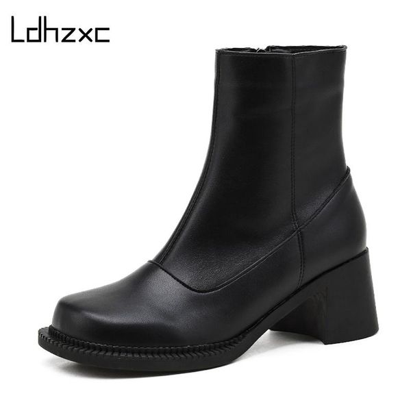 

ldhzxc 2020 fashion women ankle boots platform round toe square high heels black and white zipper female shoes size 35-39