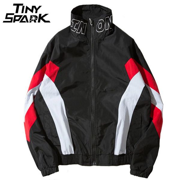 

full zipper windbreaker jackets coat mens hip hop jacket patchwork geometric vintage track jacket streetwear casual 2021 autumn, Black;brown