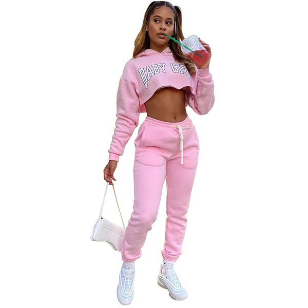 

women tracksuit baby girl letter print hooded full sleeve crop and workout sport cargo sweatpant casual solid 2 piece club outfit, Gray