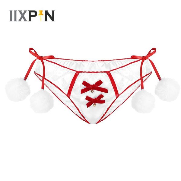 

womens panties christmas satin lingerie elastic waistband briefs underwear front bowknot bell side fuzzy ball decor panties, Black;pink