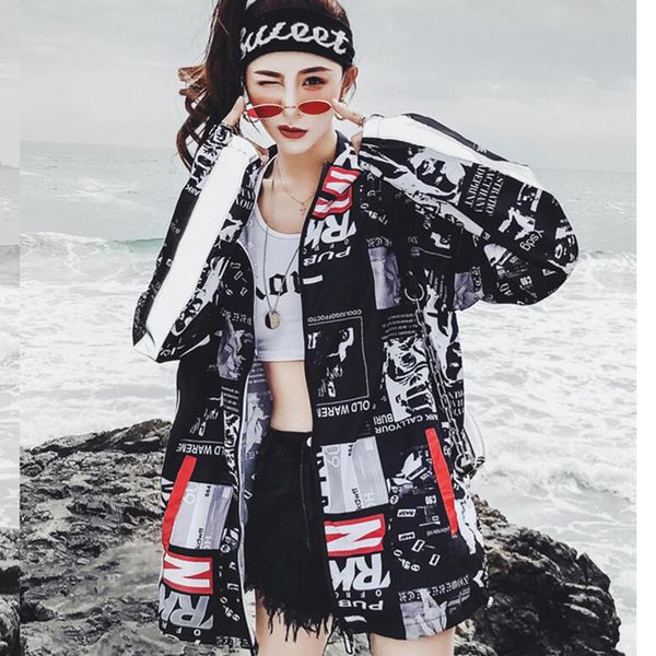 

summer hip hop jacket fashion hooded sun protection jackets women harajuku street dance vintage basic coats 201028, Black;brown