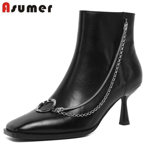 

boots asumer genuine leather shoes 2021 est ankle women square toe chain thin high heel party wedding ladies, Black