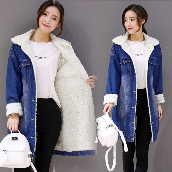 

winter denim plus velvet thick jacket women long plus size 4xl cotton coat windbreaker loose jeans jaqueta mujer chaqueta f2009x1016, Black;brown