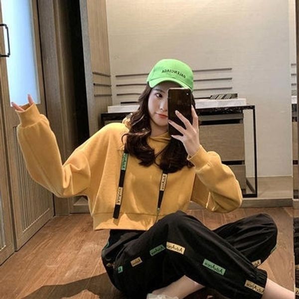 

bkazg two piece autumn women's autumn short hooded sweater with foreign o7e ins sweater jacket jacket thin harem pants and casual suit, Black