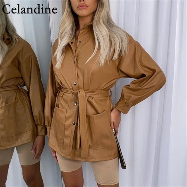 

women's jackets celandine autumn winter fashion oversized pu leather jacket women with belt loose vintage casual coat high waist street, Black;brown