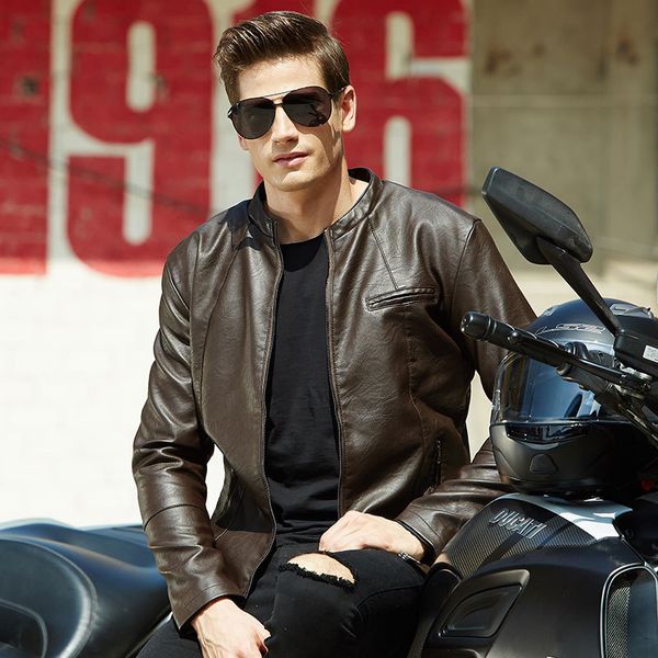

brand spring autumn men's jackets collar pu jacket for male youth locomotive leather clothing garment kg-776, Black;brown