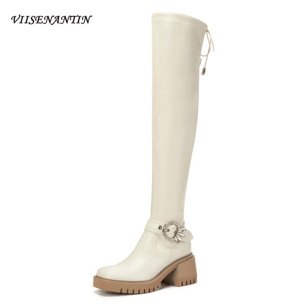 

boots fashion rhinestone buckle decor thick heel thick-soled over-the-knee women's high-heel platform leather knight, Black