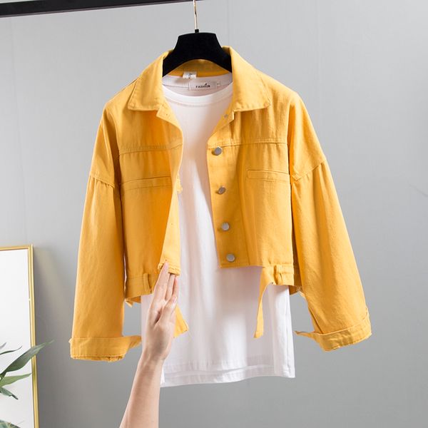 

fashion spring autumn new women yellow denim jacket coat big size loose short long sleeve jeans outwear femal, Black;brown