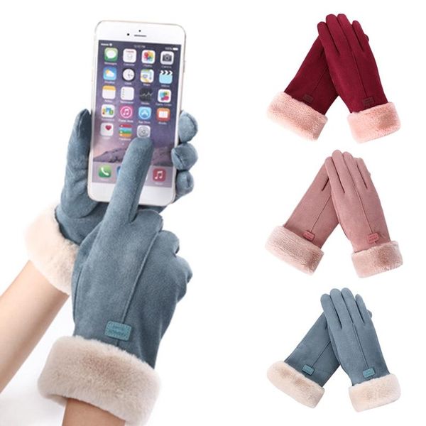 

women winter faux suede touch screen gloves thermal warm plush lined cold weather windproof driving elegant full finger mittens, Blue;gray