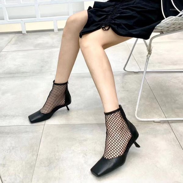 

women ankle boots square toe hollow design thin high heels sandals summer boots short gladiator back zipper closed1, Black