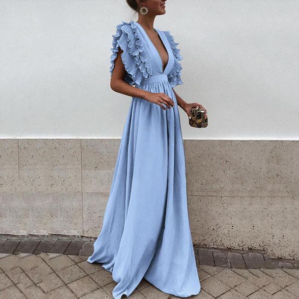

2019 summer maxi dress elegant women bodycon ruffles petal sleeve party fashion deep v neck backless long dresses vestidos, Black;gray